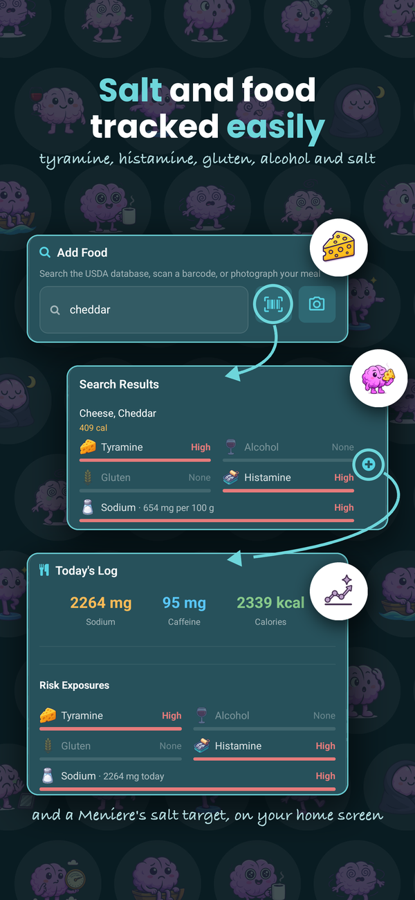 Salt and food tracked: tyramine, histamine, gluten, alcohol and sodium